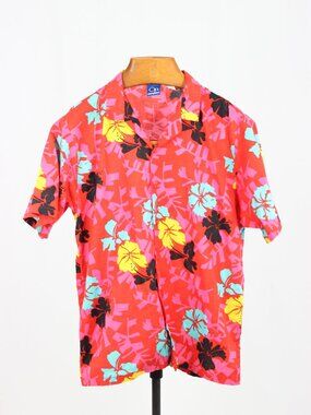 Vintage OP OCEAN PACIFIC Red Floral Cotton Short Sleeve Hawaiian Shirt, Size L